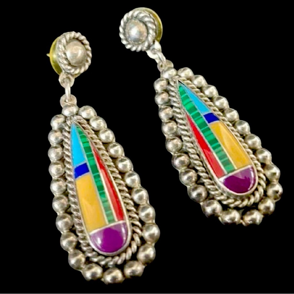 Vtg Taxco Multicolor Inlay Drop Earrings Sterling Silver Southwest Frida Kahlo